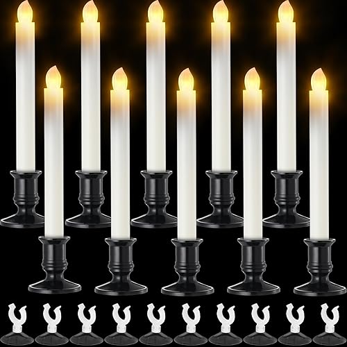 Retisee 10 velas cónicas sin llama de Navidad, funciona con pilas, velas LED con sensor de luz, velas eléctricas de Navidad para ventana con