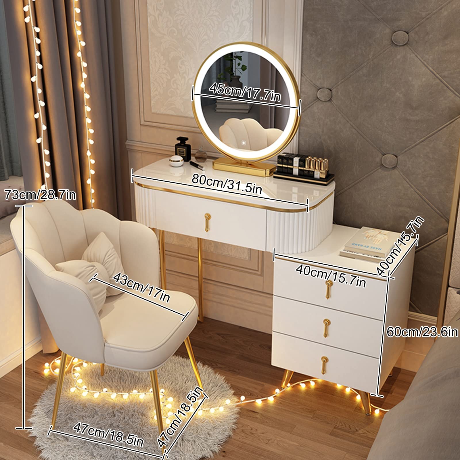 Modernes Schminktisch-Set mit LED-Lichtern und verstellbarem Schrank, gepolsterter Hocker, 3 Beleuchtungsmodi, ideal für Zuhause, Schlafzimmer, Studio, Schwarz + Gold, 80 cm / 31.5in