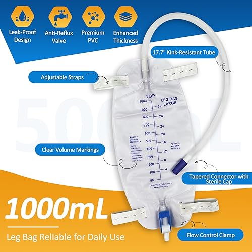 Miniatura 2 de Bolsas de drenaje urinario de 33.8 fl oz, paquete de 5 con correas de hombro ajustables, a prueba de fugas, antirreflujo, tubo elástico de 17.7