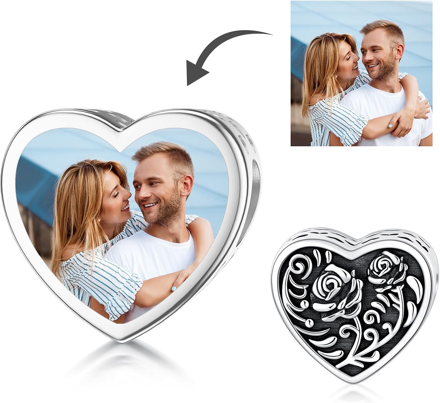 PEIMKO 925 Sterling Silver Personalized Photo Charms Fit for Bracelet Necklace Customized Paw Print Sunflower Rose Wolf Heart Round Shape Picture Bead