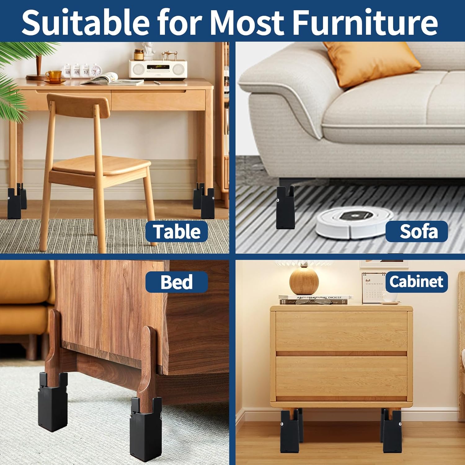 INFTYLE 4 Pack Adjustable Bed Risers 4 Inch, Chair Risers with Screw Clamp, Heavy Duty Sofa Tables Furniture Risers Fit for Square/Round Furniture Leg Diameters 0.8-1.6 inch, Support up to 400 lbs