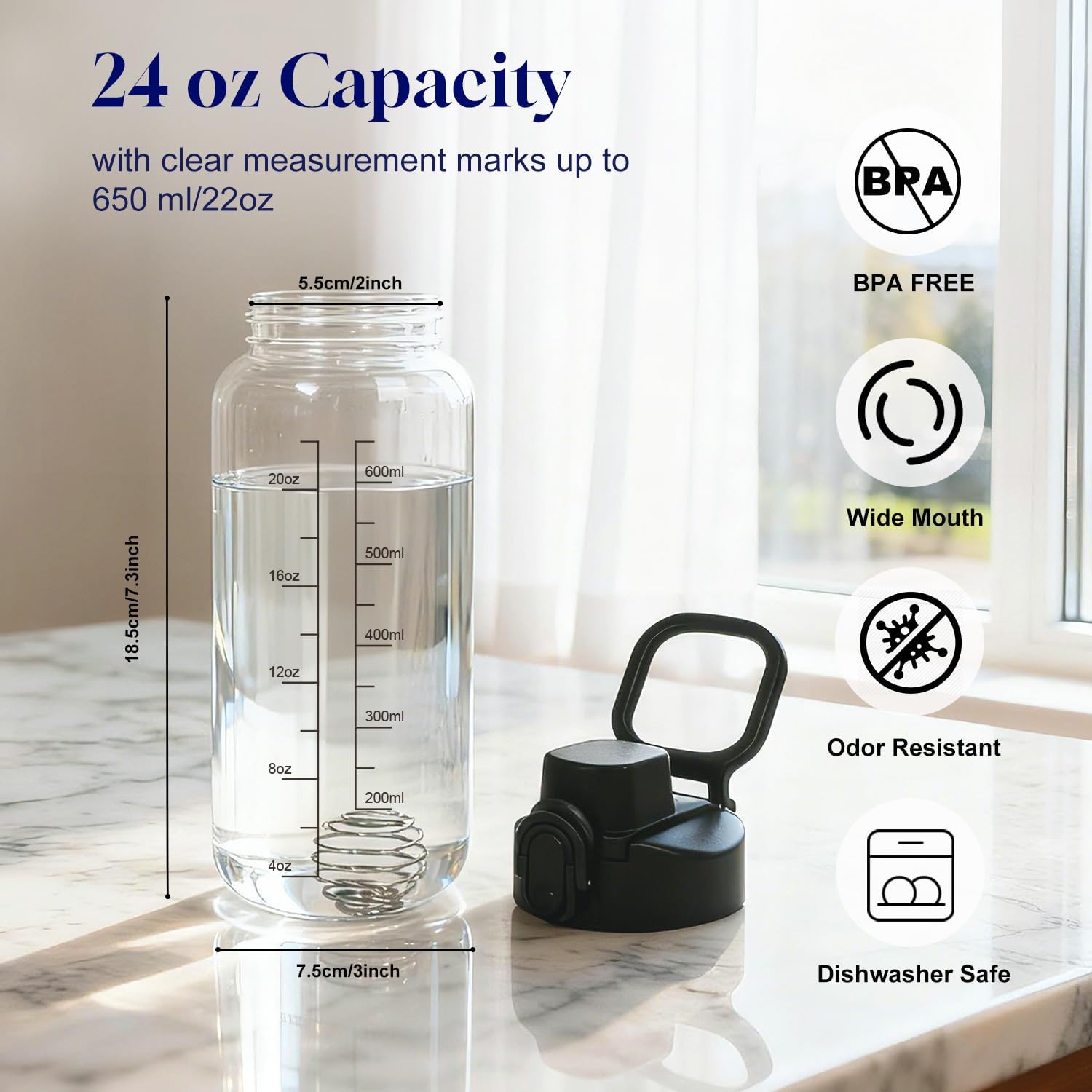 Neodaco 24 OZ Glass Shaker Bottle, Odorless Shaker Bottle with 304 Stainless Steel Ball and Removable Cleaning Brush for Fitness Protein Mixes - Image 4