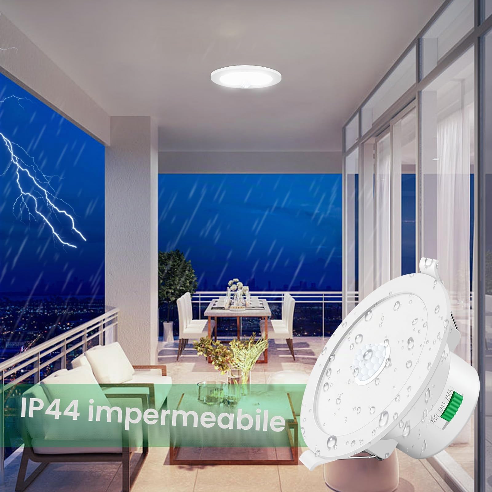 ALUSSO Faretti LED da Incasso per Cartongesso con Sensore di Movimento, 12W 950LM, AC 220-240V, 3000K 4000K 6500K Regolabile, IP44 Impermeabile, Diametro del Foro 90-100MM, 1 Pack