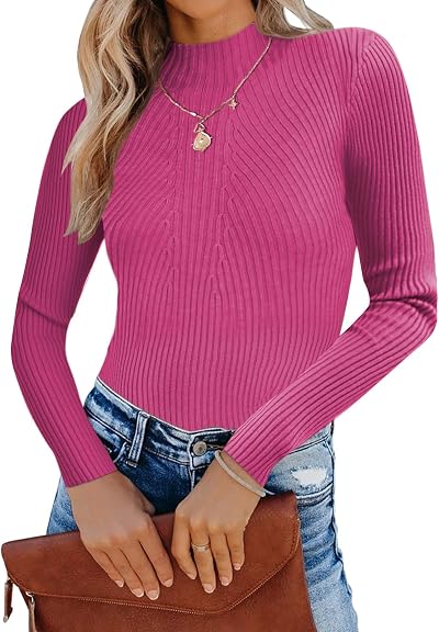 Famulily Women Long Sleeve Turtleneck Rib Knitted Basic Tops Casual Solid Slim Fit Sweaters