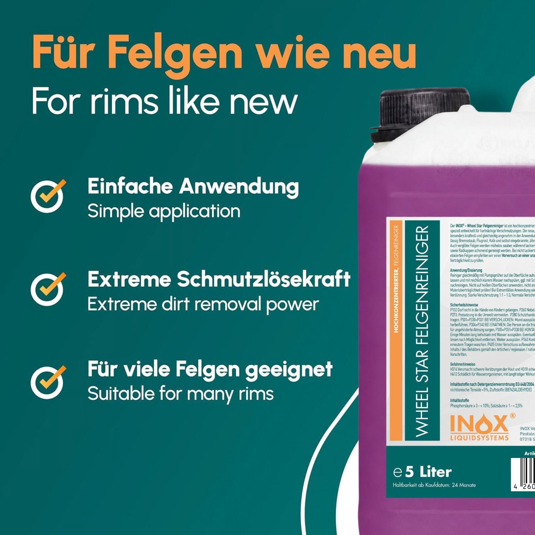 INOX® Felgenreiniger 25L | Hocheffektiver Felgenreiniger für Alufelgen, Stahl- & Chromfelgen | Entfernt hartnäckigen Schmutz, Bremsstaub & Flugrost | Profi-Autopflege für glänzende Felgen