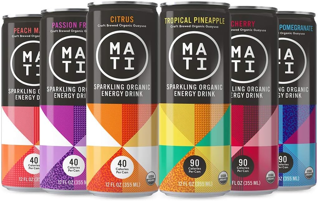 MATI Plant-Powered Sparkling Organic Energy Drink, Variety 6 Pack, 12 Fl Oz
