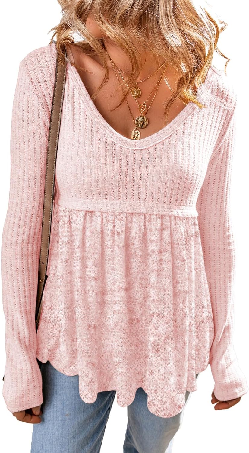 MARZXIN Women's 2026 Fall Long Sleeve Casual T-Shirt Textured Long Sleeve V Neck Babydoll Tunic Tops