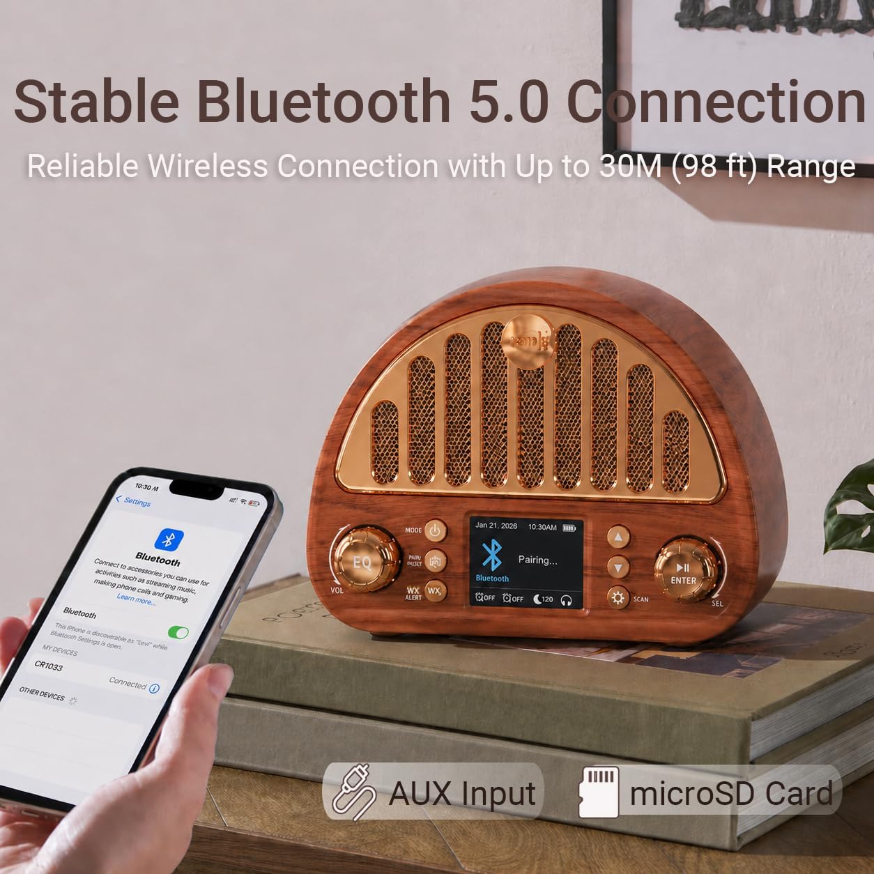 Vintage FM Radio with Bluetooth & NOAA Weather Alerts & Alarm Clock, 40 Presets Digital Tuning, Dual Alarm Sleep Timer, 3000mAh Rechargeable Battery, USB-C Charging, Home, Bedside, Tabletop