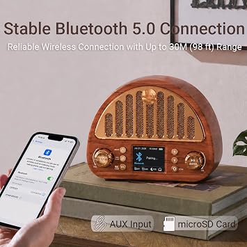 Vintage FM Radio with Bluetooth & NOAA Weather Alerts & Alarm Clock