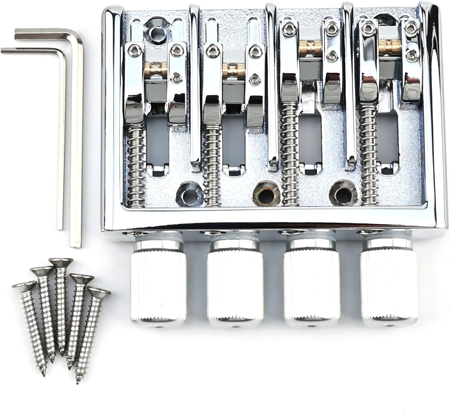 Zinc Alloy High Mass 4-String Headless Bass Bridge ，Superior Sustain & Resonance Fixed Bridge，19mm(3/4") String Spacing Adjustable，4-String Headless Bass Replacement Parts （Chrome）