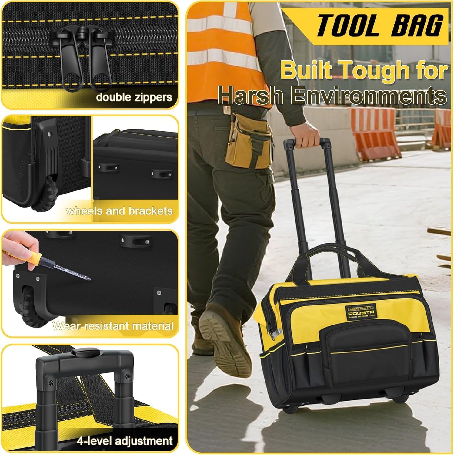 20" Bolsa Rodante Para Herramientas,Bolsa Para Herramientas Rodante de Alta Resistencia con 1680D, Asa Telescópica,15 Bolsillos,Bolsas Para Herramientas Multiuso Para Construcción,Electricista | Base estable: bolsa de herramientas rodante ideal para const