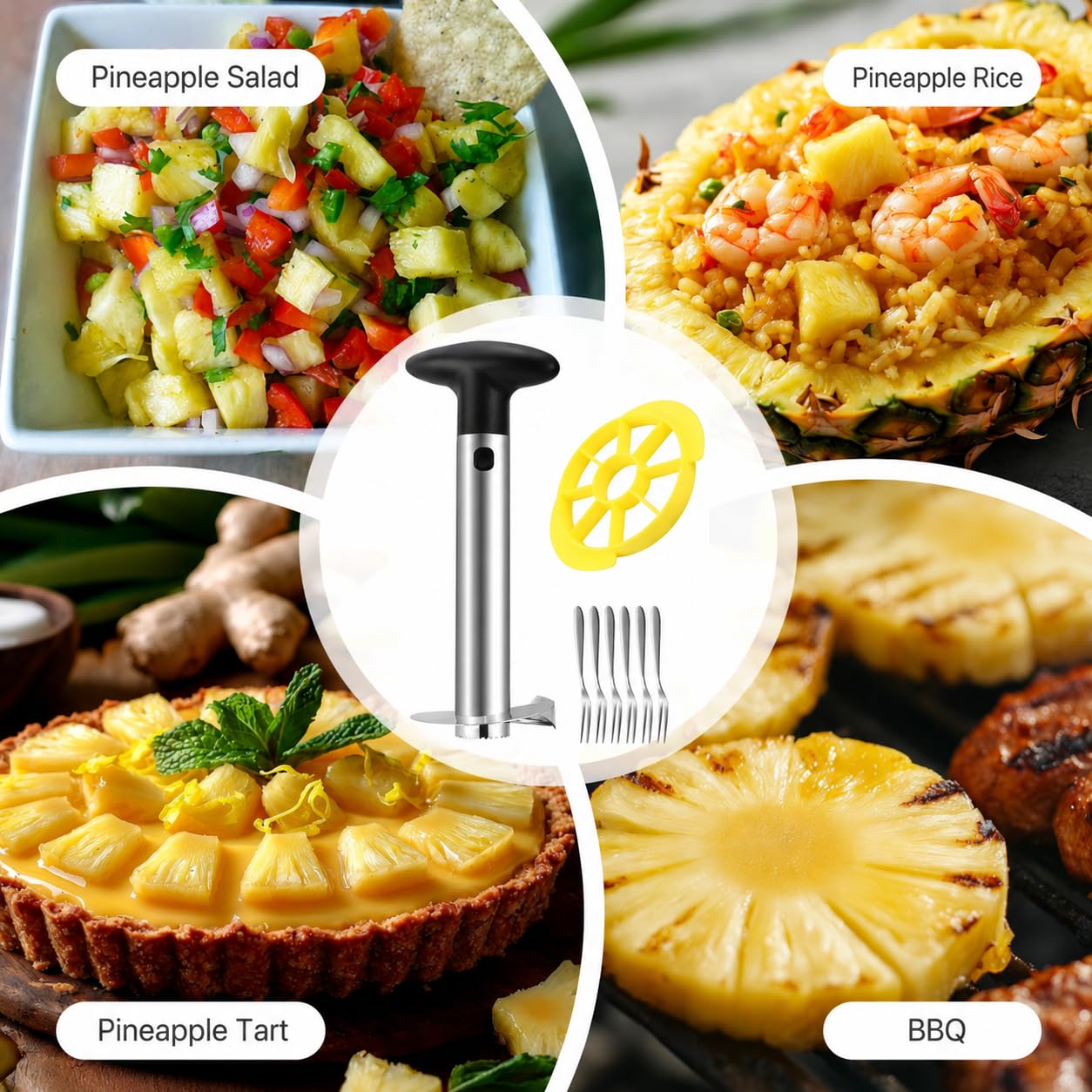 8 Pièces Coupe Ananas 2ème Génération, Éplucheur Ananas | Set outil ananas cuisine avec 1 coupe et 6 fourchettes en acier inoxydable, pour fêtes familiales et pique-niques