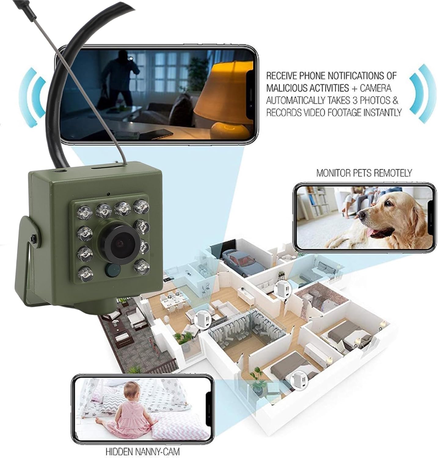 Diagram showing the PUSOKEI Bird Camera monitoring a house, with phone screens displaying remote pet monitoring and nanny cam views, and notifications for activity.