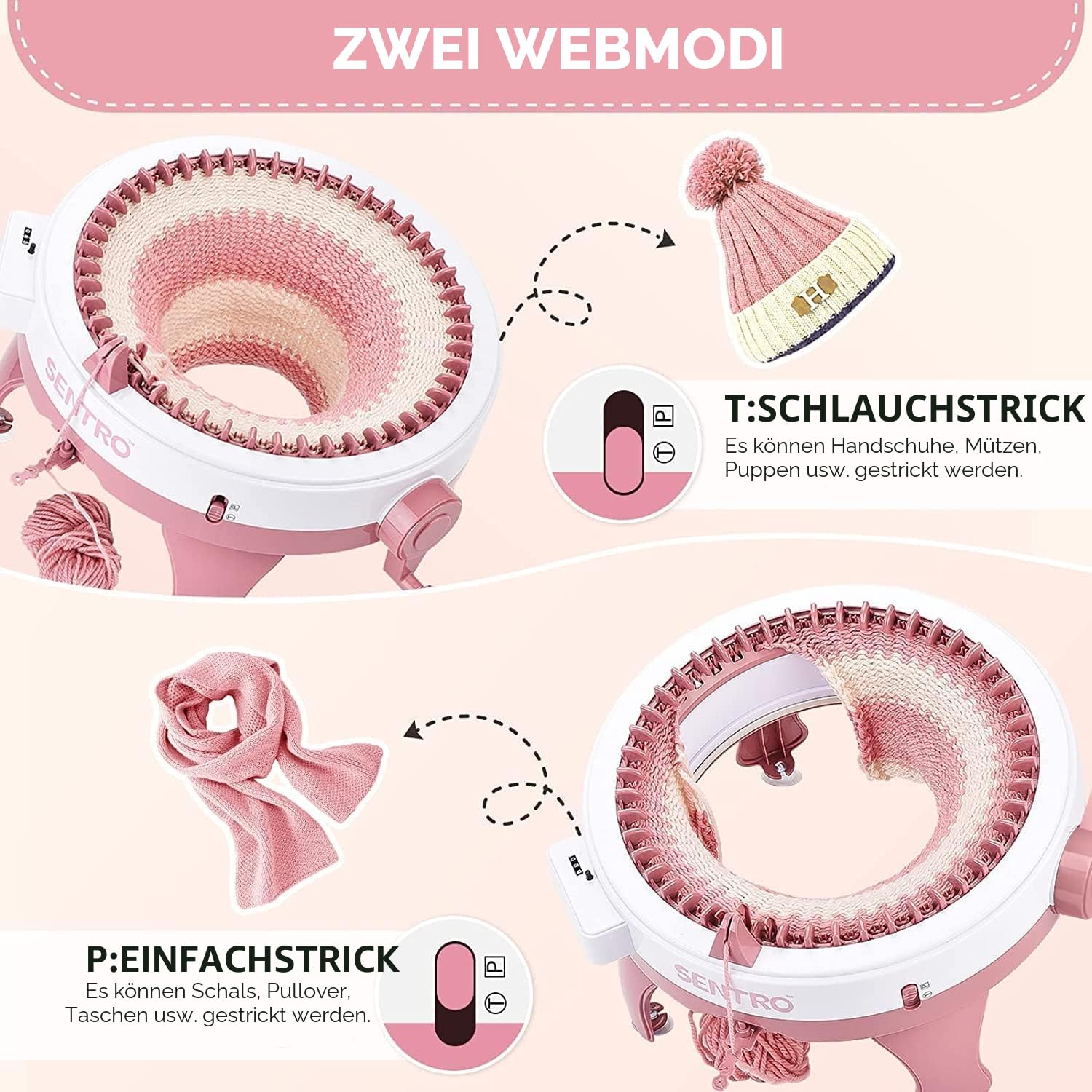 Zcvtbye SENTRO Strickmaschine, 48 Nadeln Strickmaschine mit Reihenzähler Stricken, DIY-Dualmodus strickmaschine für Socke, Mütze und Schal, Webrahmen für Kinder und Erwachsene