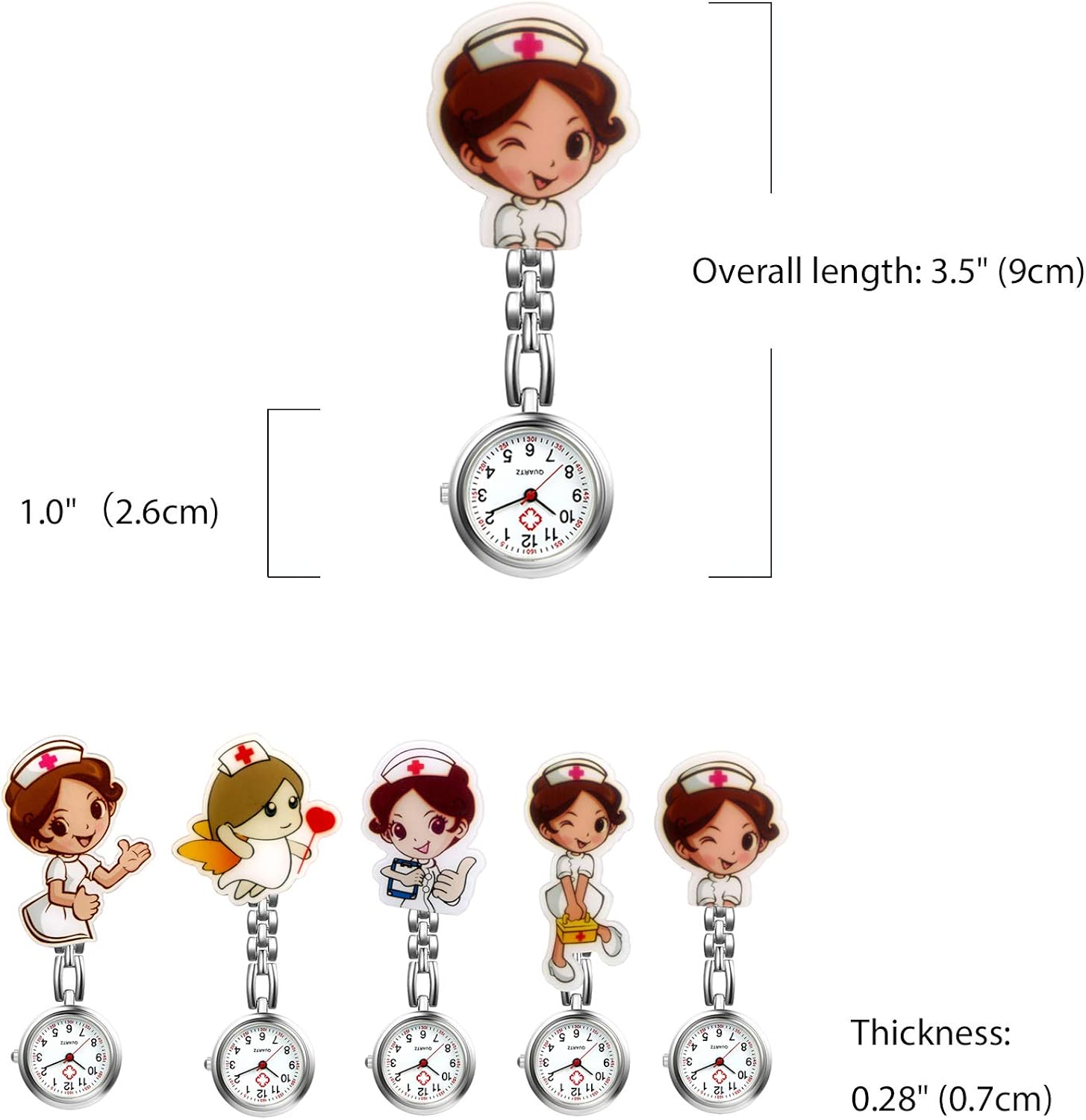 Avaner Nurse Watches Cute Cartoon Design Clip-on Fob Watches Analog Quartz Hanging Lapel Watches for Women (5 Pcs) Style1-click