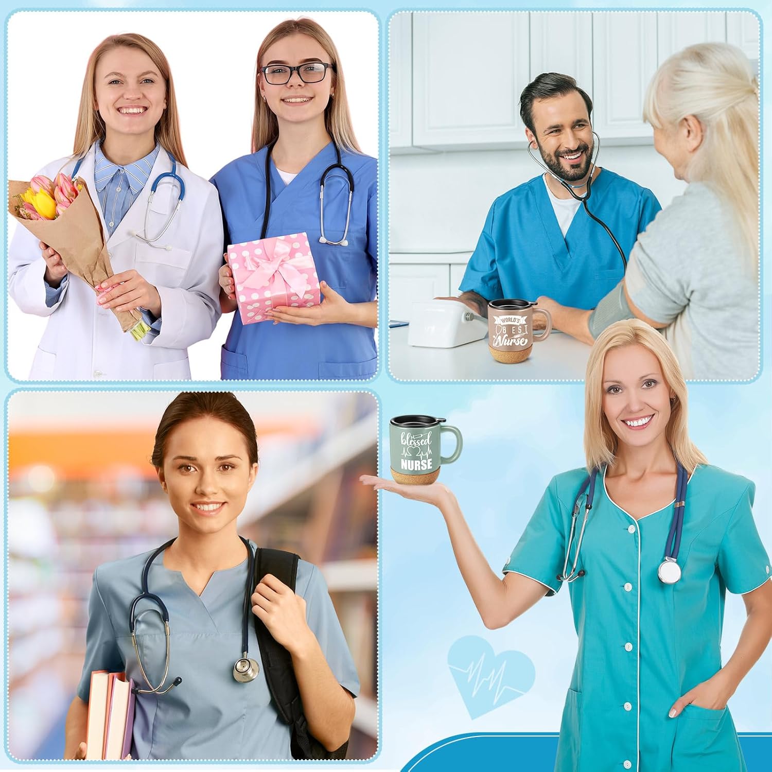 Teenyyou 10 Pcs Nurse Appreciation Gifts Bulk 12 oz Coffee Mugs Nurse Week Gifts Inspirational Ceramic Cup with Lid and Cork Base for Medical Assistant Women Doctor(Neutral Color,Cute Style)
