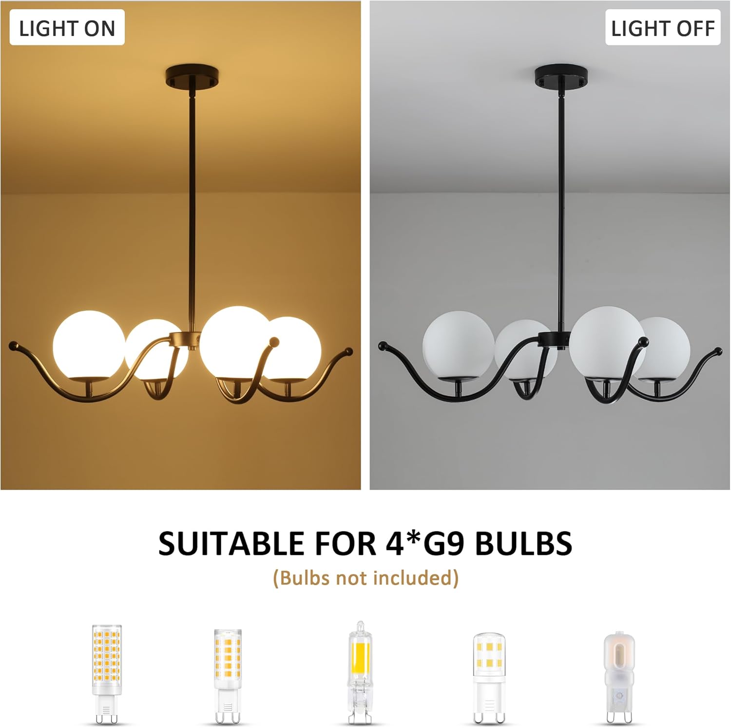 Modern Black Chandelier, 4-Light Mid Century Sputnik Chandeliers, 31.5" Dining Room Chandeliers with Milk Glass Globe Shade, Globe Chandelier for Dining Room, Living Room, Bedroom, Kitchen, Foyer