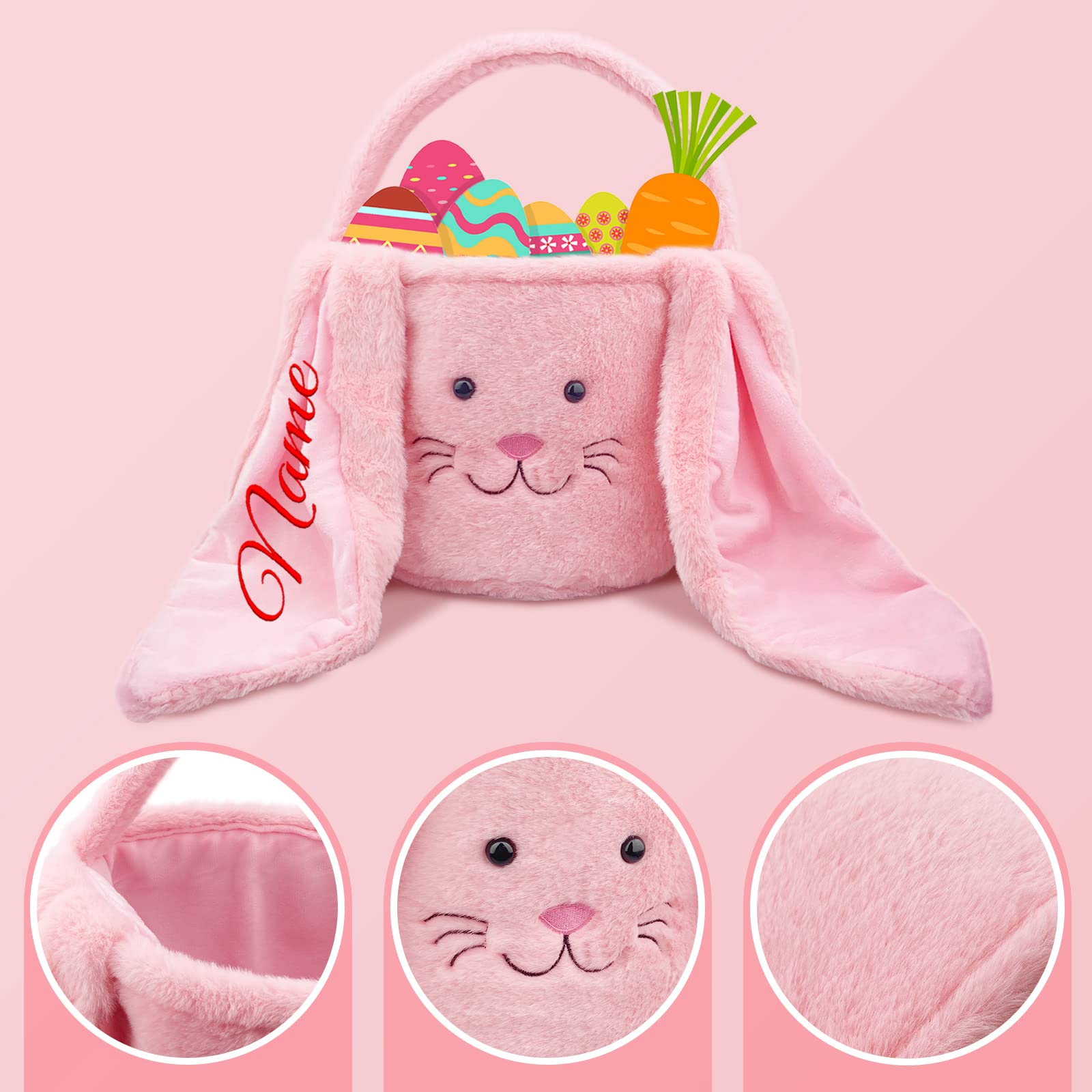 Amidaky Personalized Easter Bunny Bag for Kids Plush Easter Basket Buckets with Custom Name Embroidery Long Ear Candy Gifts for Boys Girls Bright Pink