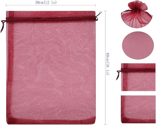 Miniatura 3 de Ankirol 50 bolsas de organza transparente, 12 x 16 bolsas grandes de organza con cordón (rojo vino)