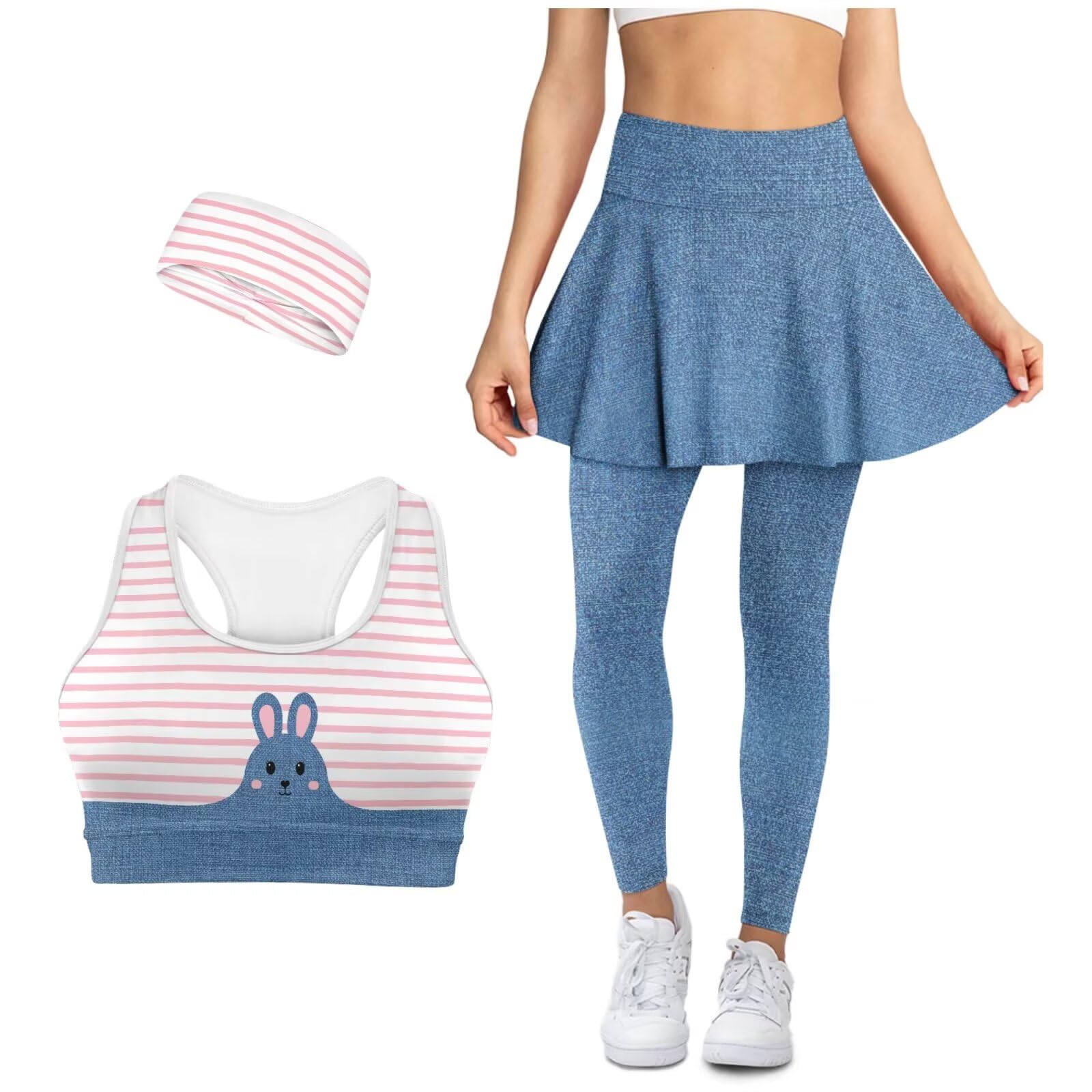 Womens Yoga Sets 3 Pieces Workout Sets for Women with Skirted Leggings Tank Tops Handband