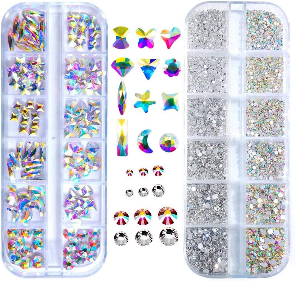3456Pcs Round Crystals AB Nail Art Rhinestones and 120Pcs AB Glass Nail Gems Multi-Shape Nail Art Jewelry Set of 2