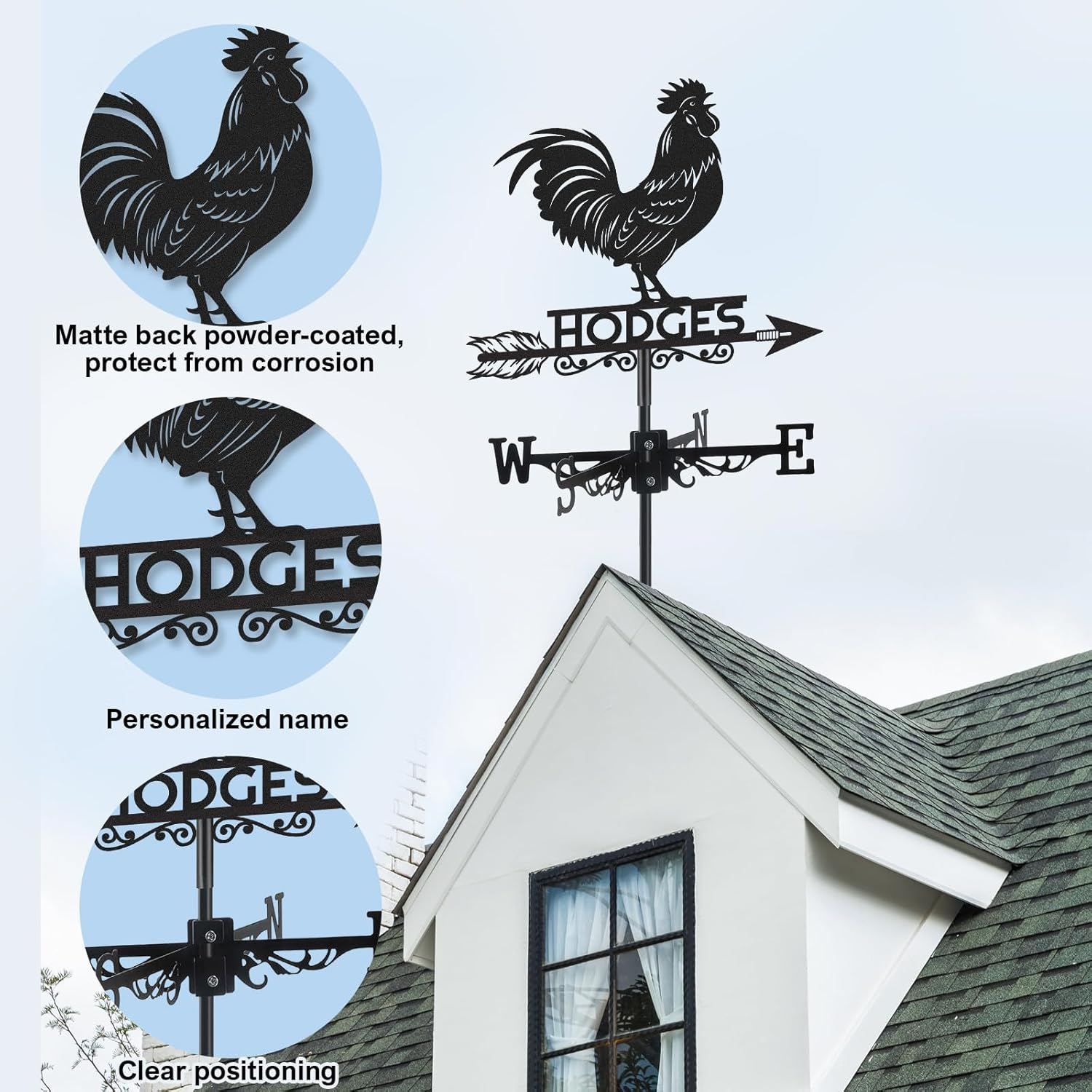 Personalized Rooster Metal Weather Vane, Custom Family Name Weathervane, Wind Direction Indicator, Weather Vanes Roof Mount, Wind Vane Outdoor Decor for Yard Farmhouse Cupolas, Housewarming Gifts