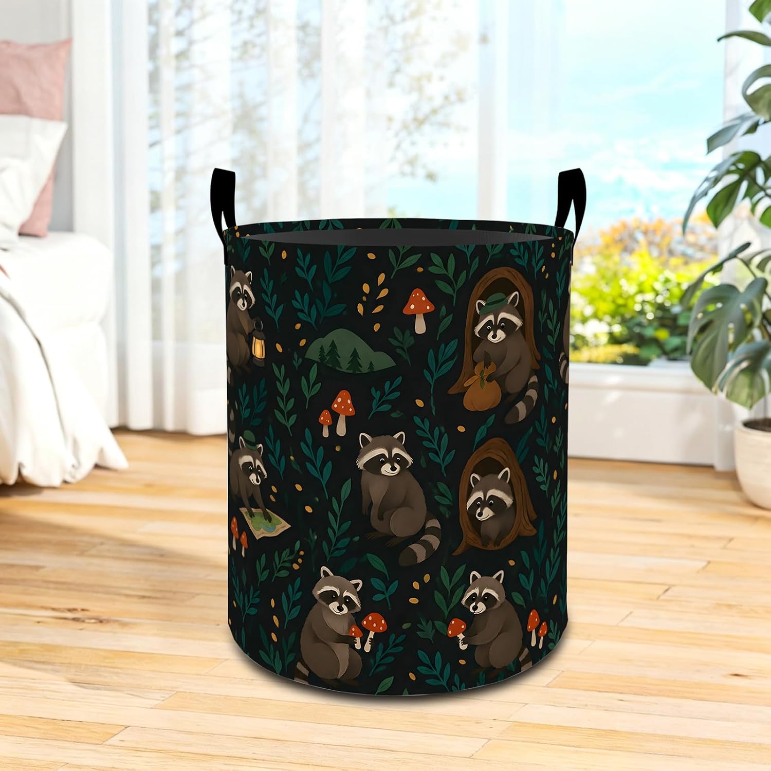 Playful Racoon Laundry Basket Cute Forest Animal Waterproof Oxford Fabric Cloth Storage Hamper, 19.7x15.7 Inch Whimsical Cartoon Portable Dirty Baskets Decor Gifts for Living Room Bathroom