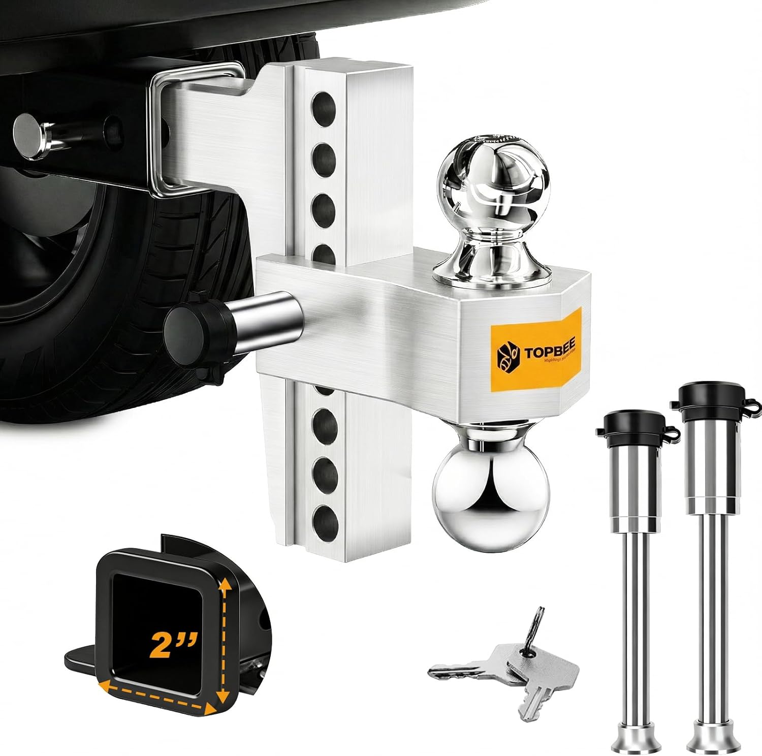 TOPBEE Adjustable Trailer Hitch, Drop Hitch, Tow Hitch Fits 2.5-inch Receiver, 8-inch Drop, 2 and 2-5/16 inch Balls, 18,500 LB,Solid Tube Hitch with Anti-Theft Pin, Silver