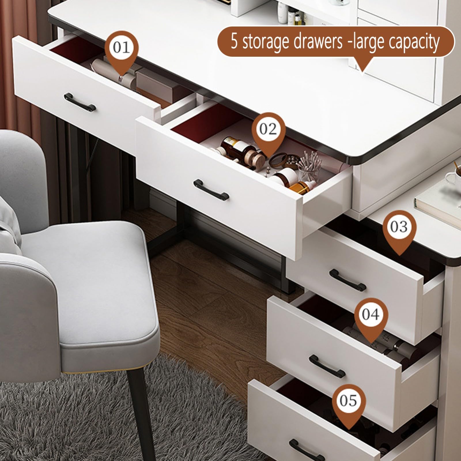 Scrivania da trucco illuminata con specchio LED regolabile con 5 cassetti, tavolo da toeletta per camera da letto, elegante stazione di trucco 80-100 cm, design moderno per gli amanti della bellezza