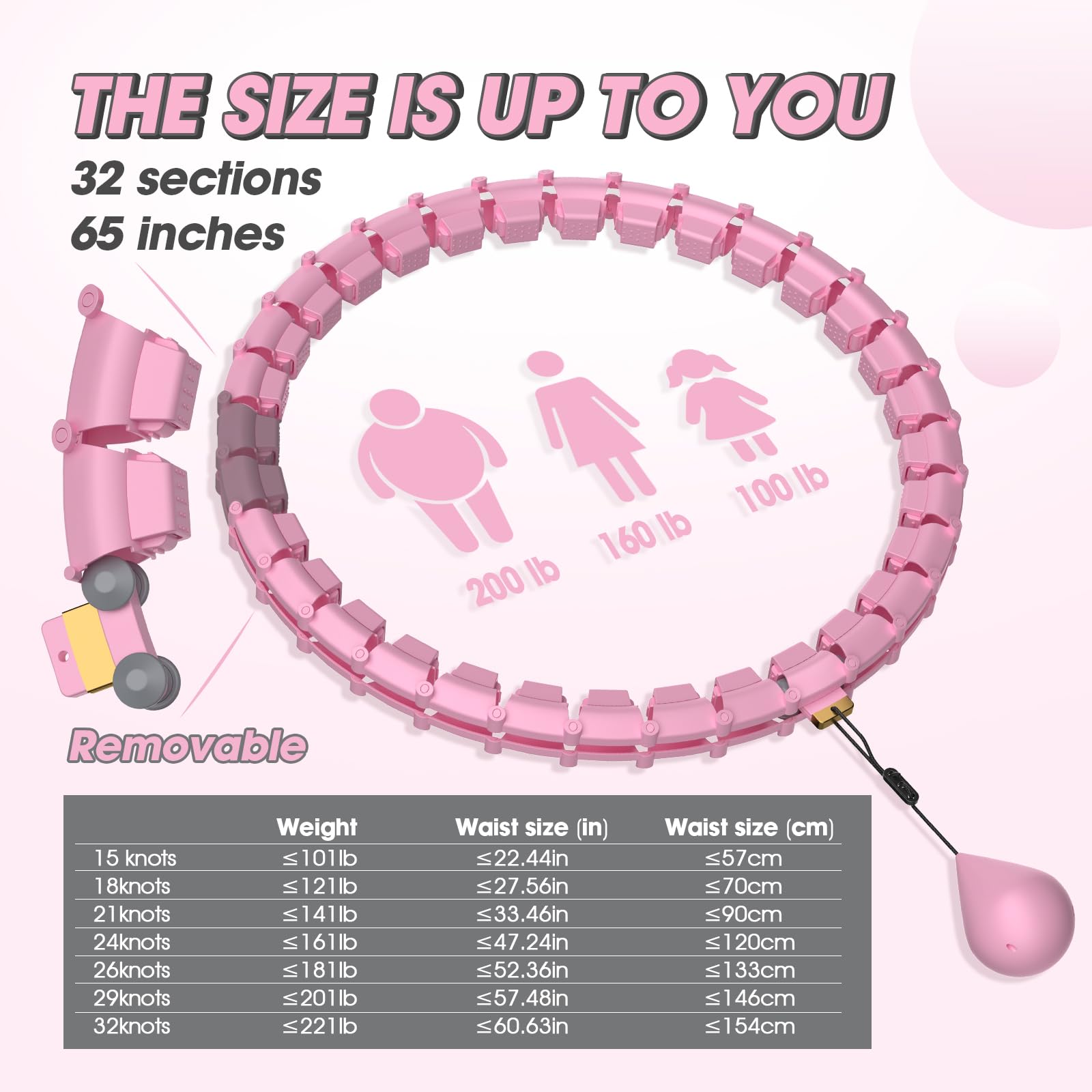 Smart Hoop Cerceau pour adulte avec boule de poids, ultra silencieux, pour perdre du poids, avec 32 segments amovibles, cerceau pour perdre du poids, tour de taille maximum 165 cm (rose)