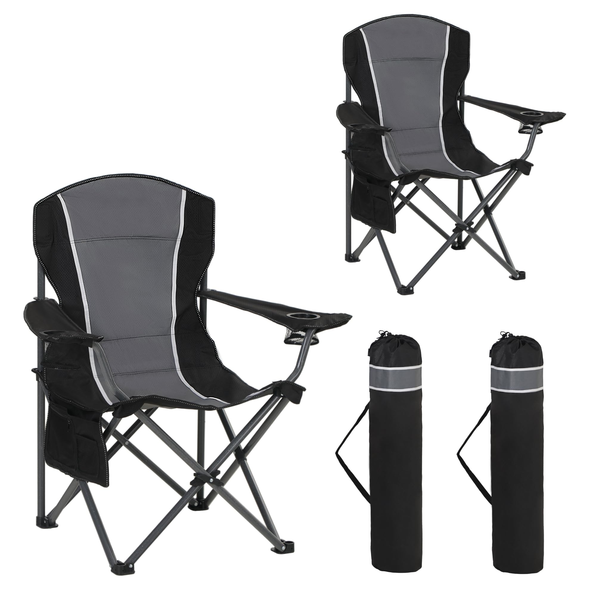 HIGH POINT SPORTS Sedia Pieghevole da Campeggio Nero-Grigio 160KG Sedia da Campo Portatile e Resistente con Portabicchieri Sedia da Pesca 2 Pezzi