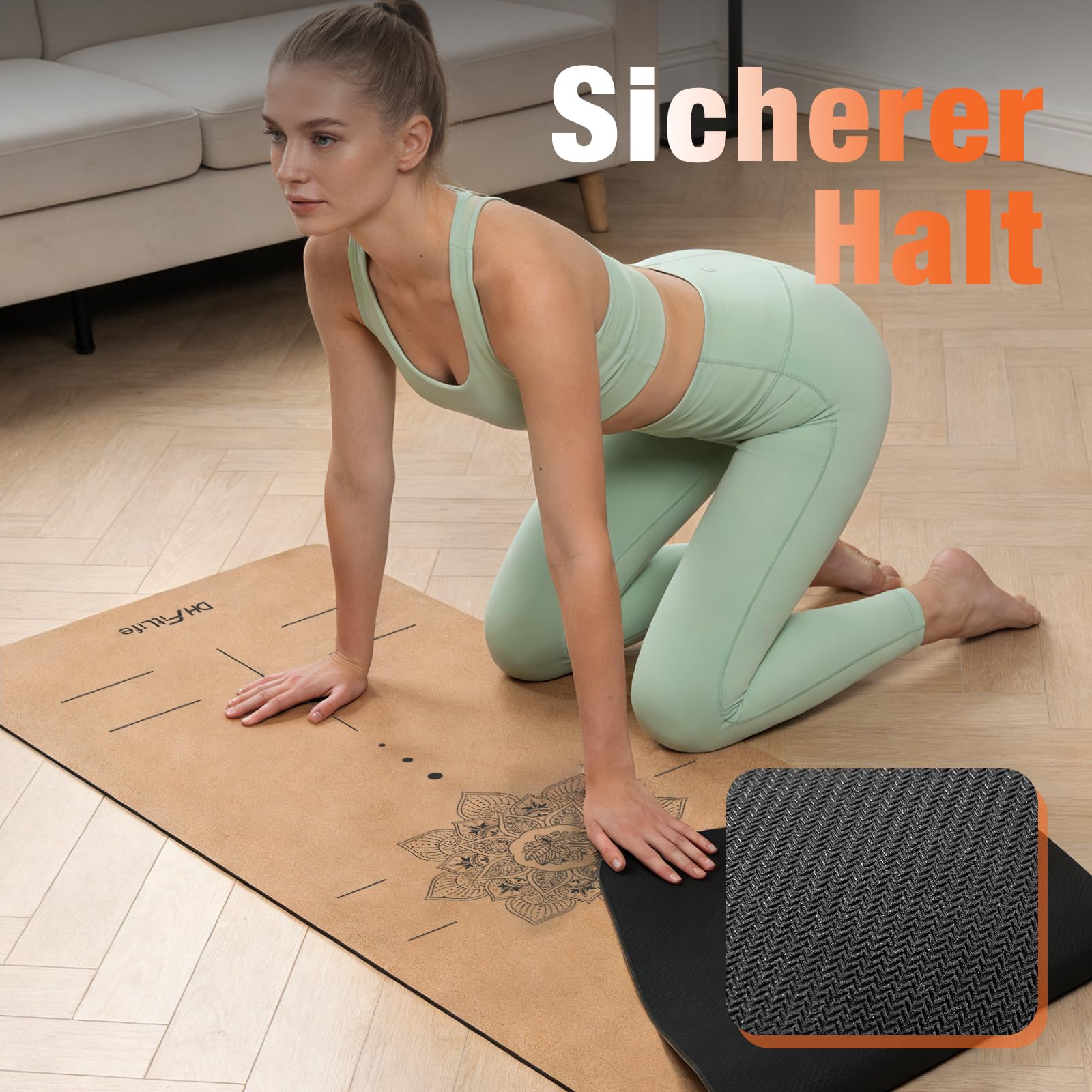 DH FitLife Yogamatte Kork 183 x 61 x 0,6 cm, dicke rutschfeste Yoga Matte