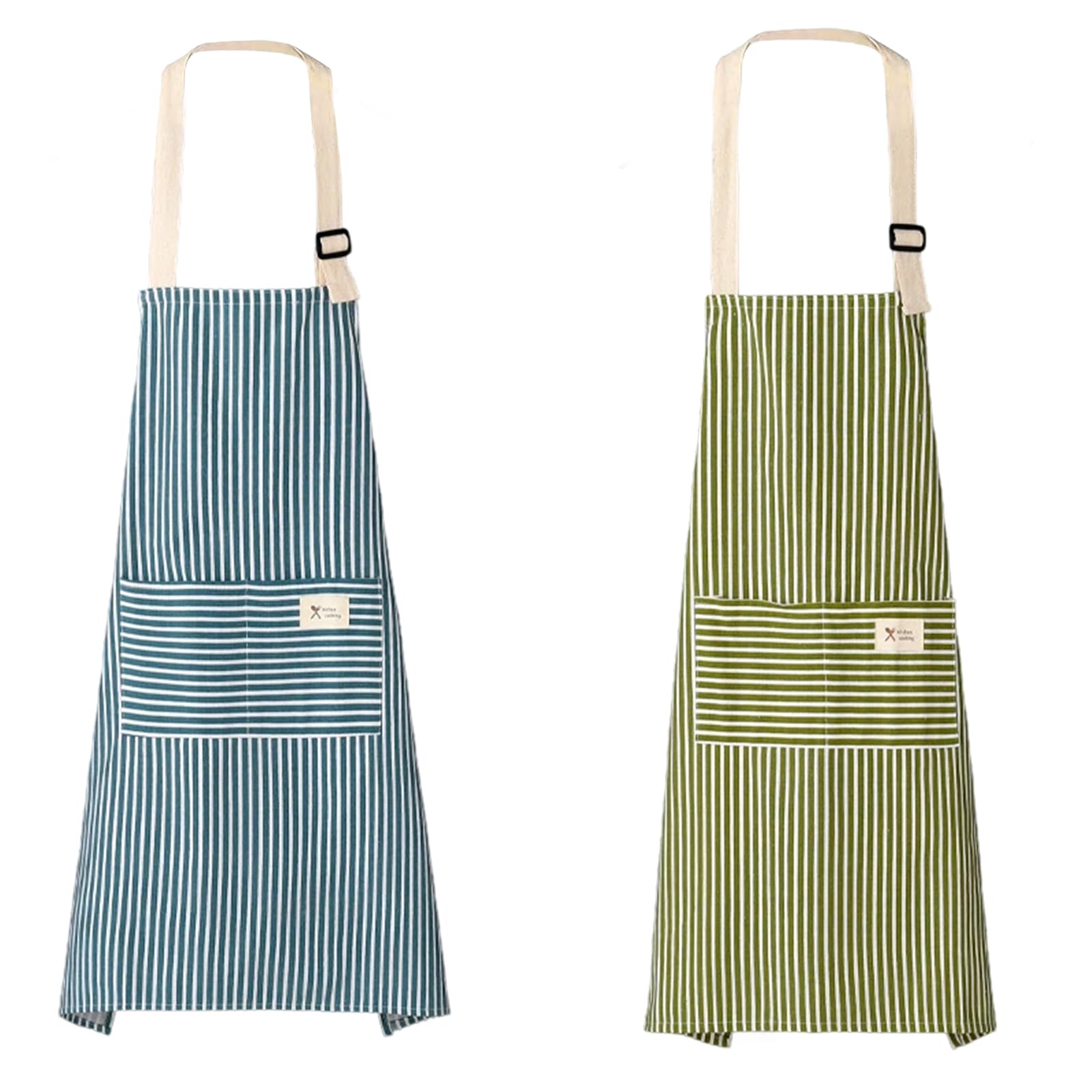 YSDINK 2 Pack Unisex Stripe Apron with Adjustable Straps, Cotton Canvas Apron with 2 Pockets for Cooking, Baking, BBQ, Gardening, and Home Cleaning, Ideal for Chefs and Home Enthusiasts (Green&Blue)
