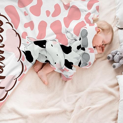 Miniatura 6 de Artsadd Manta personalizada con estampado de vaca con nombre, manta de bebé personalizada para niñas y niños, manta de vellón con estampado de vaca