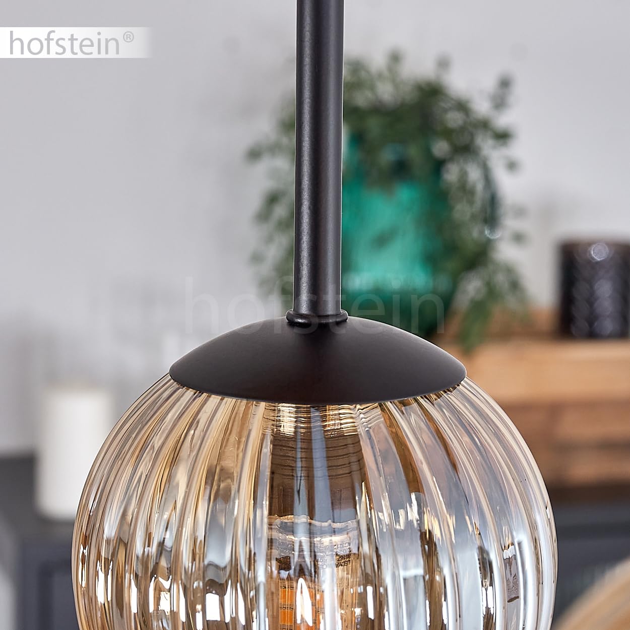 Plafoniera Chehalis, lampada da soffitto in metallo/legno/vetro scanalato in nero/naturale/ambra, lampada dal design moderno retrò/vintage con ombrelli in vetro (Ø 12 cm), 5 x G9, senza lampadina