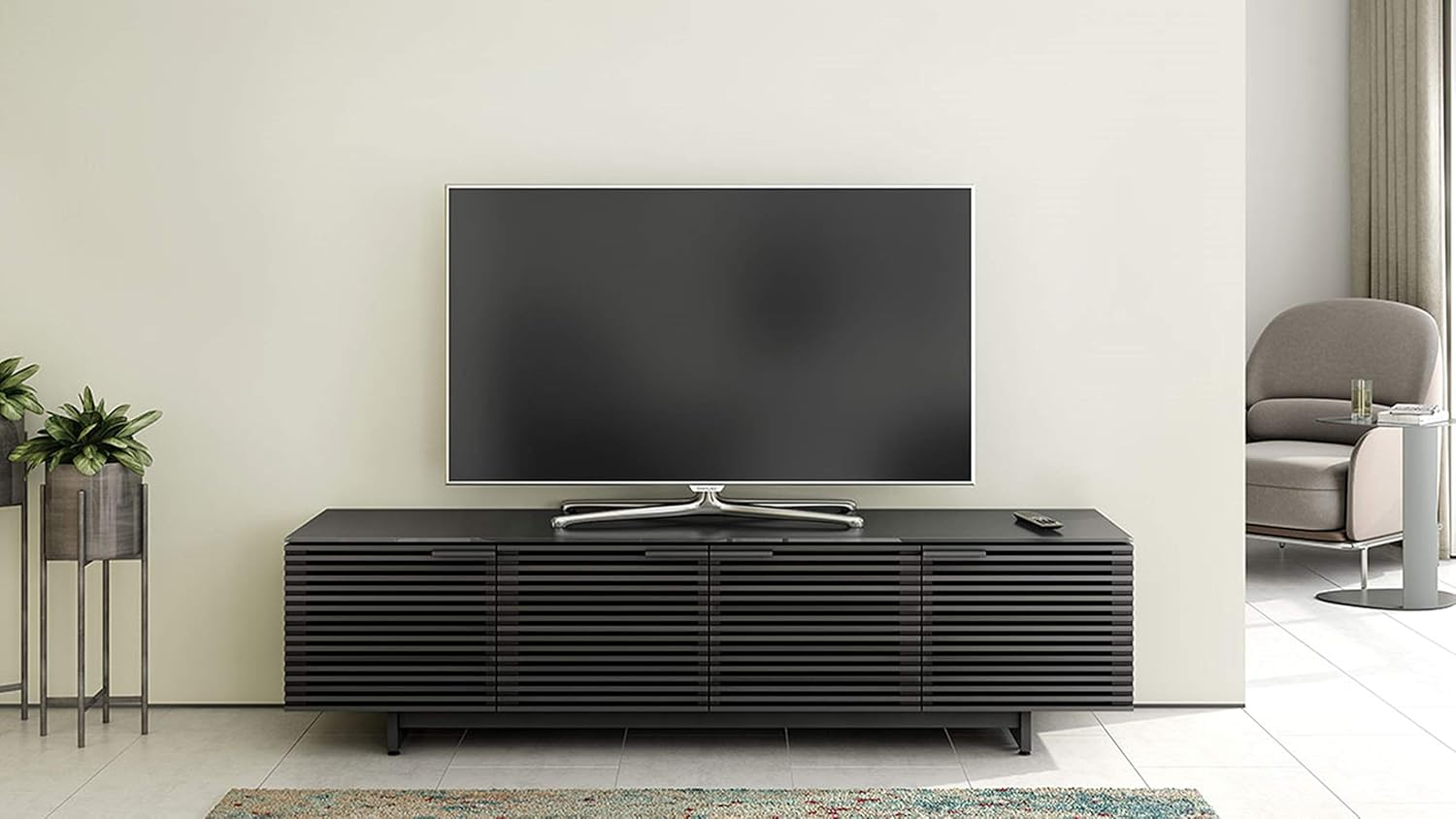 BDI Furniture Corridor 8173-79.25'' TV Stand for TVs up to 85" with Soundbar Shelf, Adjustable Shelves, Cable Management, Ventilation, Tempered Glass Top, Charcoal Stained Ash
