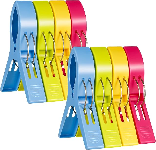 Dacitiery 8 Pcs Beach Towel Clips, 12cm Large Size Plastic Hanging Clips, Multicolored Plastic Pegs, Towel Pegs Clips for Sunbeds Sun Loungers Pool Chairs Laundry (Candy Color)