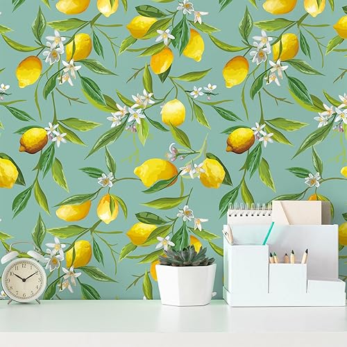 Miniatura 9 de VEELIKE Papel tapiz de limón verde para despegar y pegar, papel tapiz floral de ramas de limón, papel de contacto verde para paredes, gabinetes,