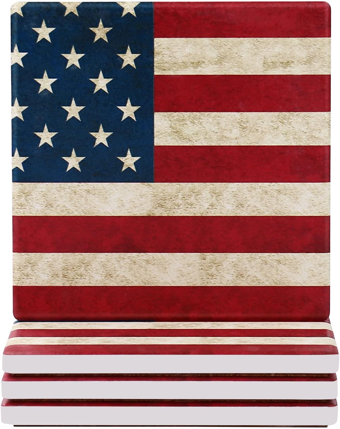 wonlex Ceramic Coasters Absorbent for Drinks, Patriotic Coaster with Cork Base for Coffee Table, Housewarming Gift for Women and Men, Home Decor, 4 Pack (USA Flag)