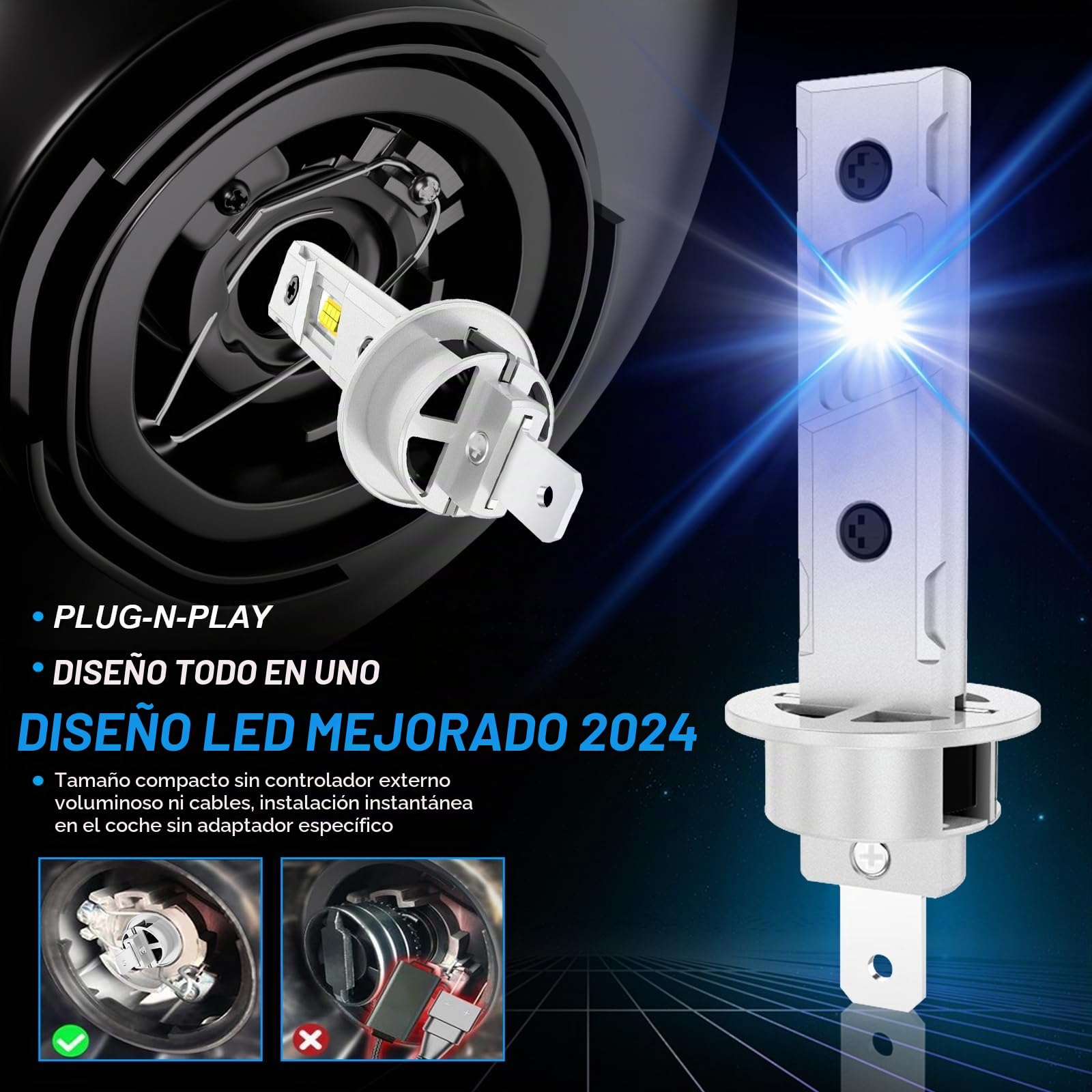 Sycreek Bombilla H1 Led Faro Mejorada Para, 18 Piezas LED,120W 30000LM 600% Super Brillo 6500K Blanco,Compatible 9-24V