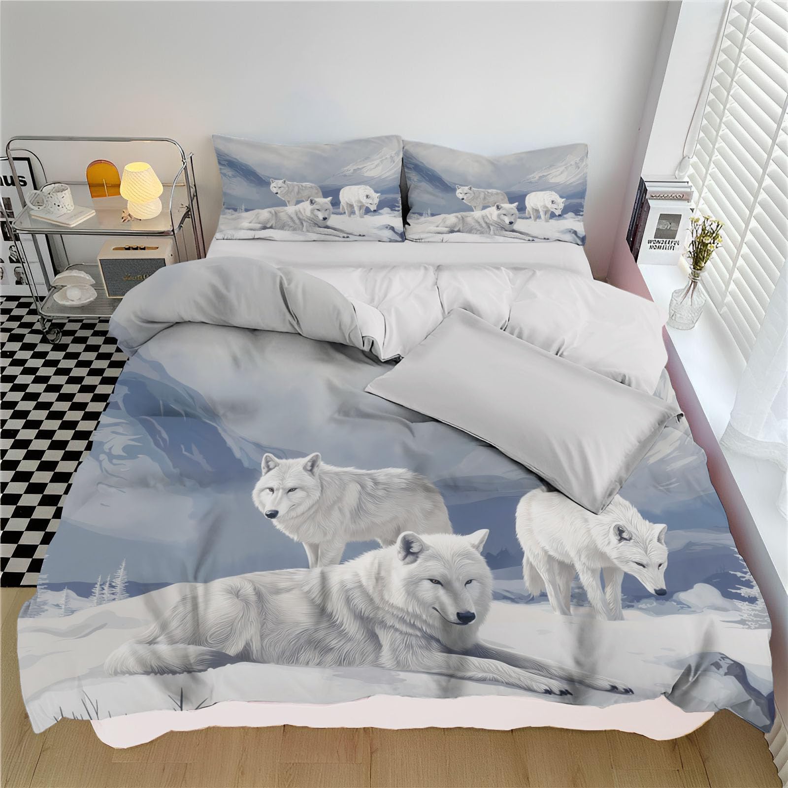 Housse de couette loup blanc parure de lit 240x260 microfibre montagne sauvage