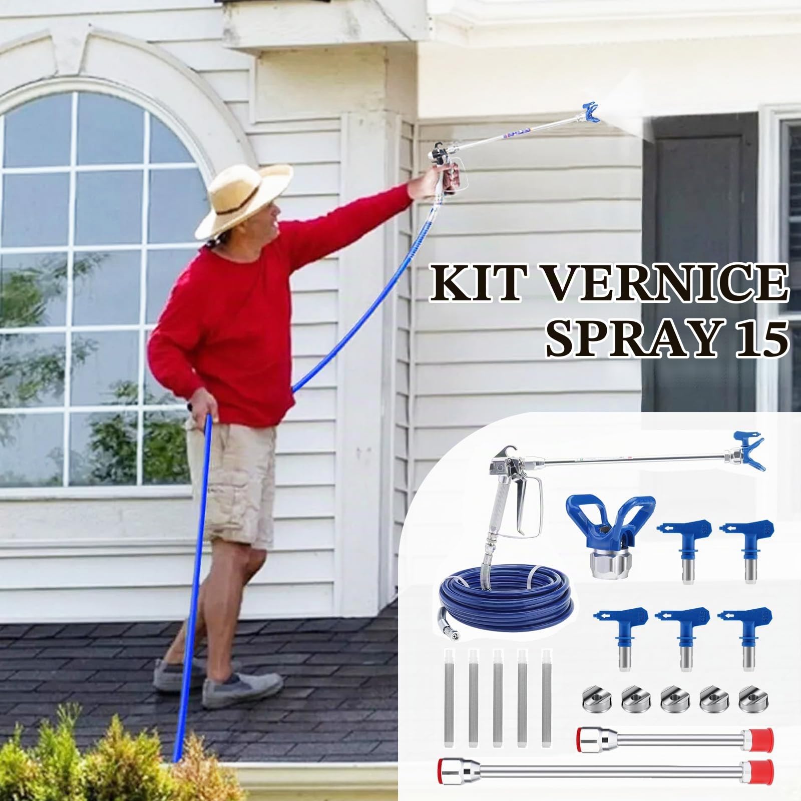 Pistola Spruzzo Vernice, 15 Pezzi Pistola a Spruzzo per Verniciare Airless e Tubo Flessibile Kit con 5 Ugelli, Filtri, Tubo Flessibile, Aste di Prolunga