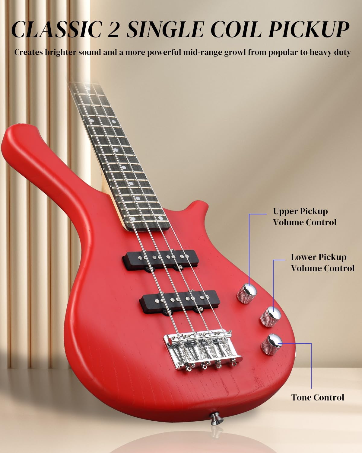 Ktaxon 36 Inch Bass Guitar 4 String Electric Bass Guitar with Dual Connectivity & Portable Power 15W Amp, Excellent Tone, Exquisite Craftsmanship and Ergonomic Body Design for Beginner(Red)