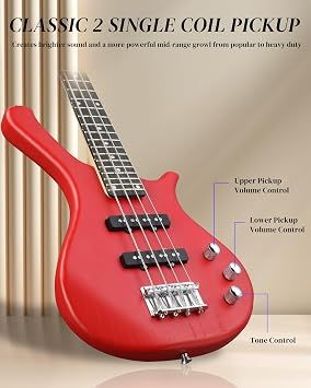 Ktaxon 36 Inch Bass Guitar 4 String Electric Bass Guitar with Dual Connectivity & Portable Power 15W Amp, Excellent Tone, Exquisite Craftsmanship and Ergonomic Body Design for Beginner(Red)