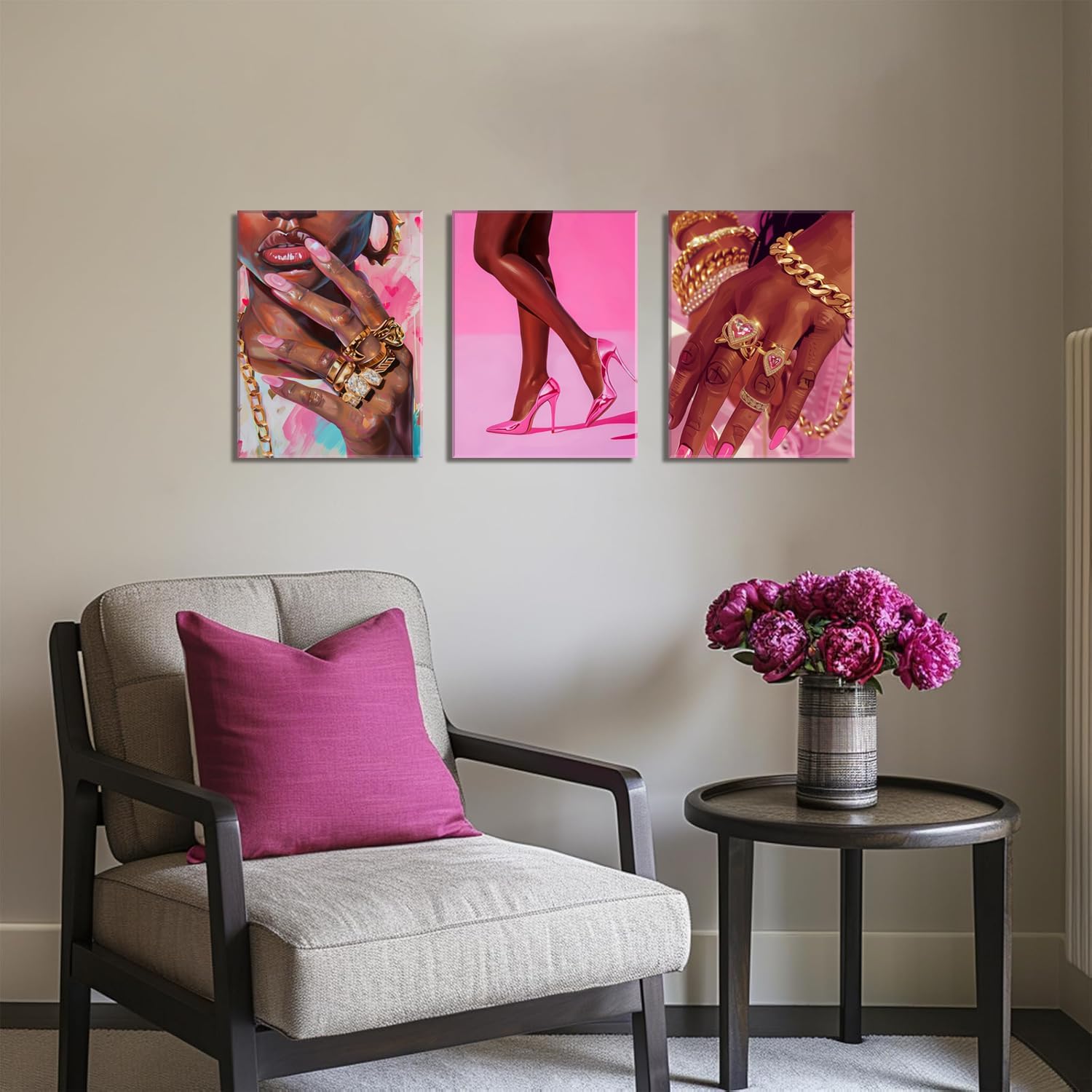 Black Girl Wall Art Set of 3 Pink Fashion Black Woman Canvas Wall Decor Pictures African American Women Paintings Home Decor Posters Prints for Living Room Bedroom Bathroom 12x16Inch Framed