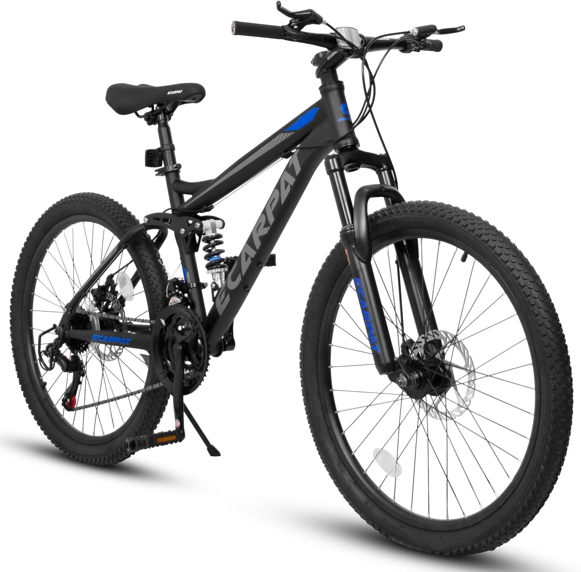 Ecarpat 24 Inch Mountain Bike Full Suspension, 21 Speed Mountain Bicycle with Steel Frame and Dual Disc Brakes, Outdoor Trail Commuter City Bike MTB Bike for Kids Teenagers
