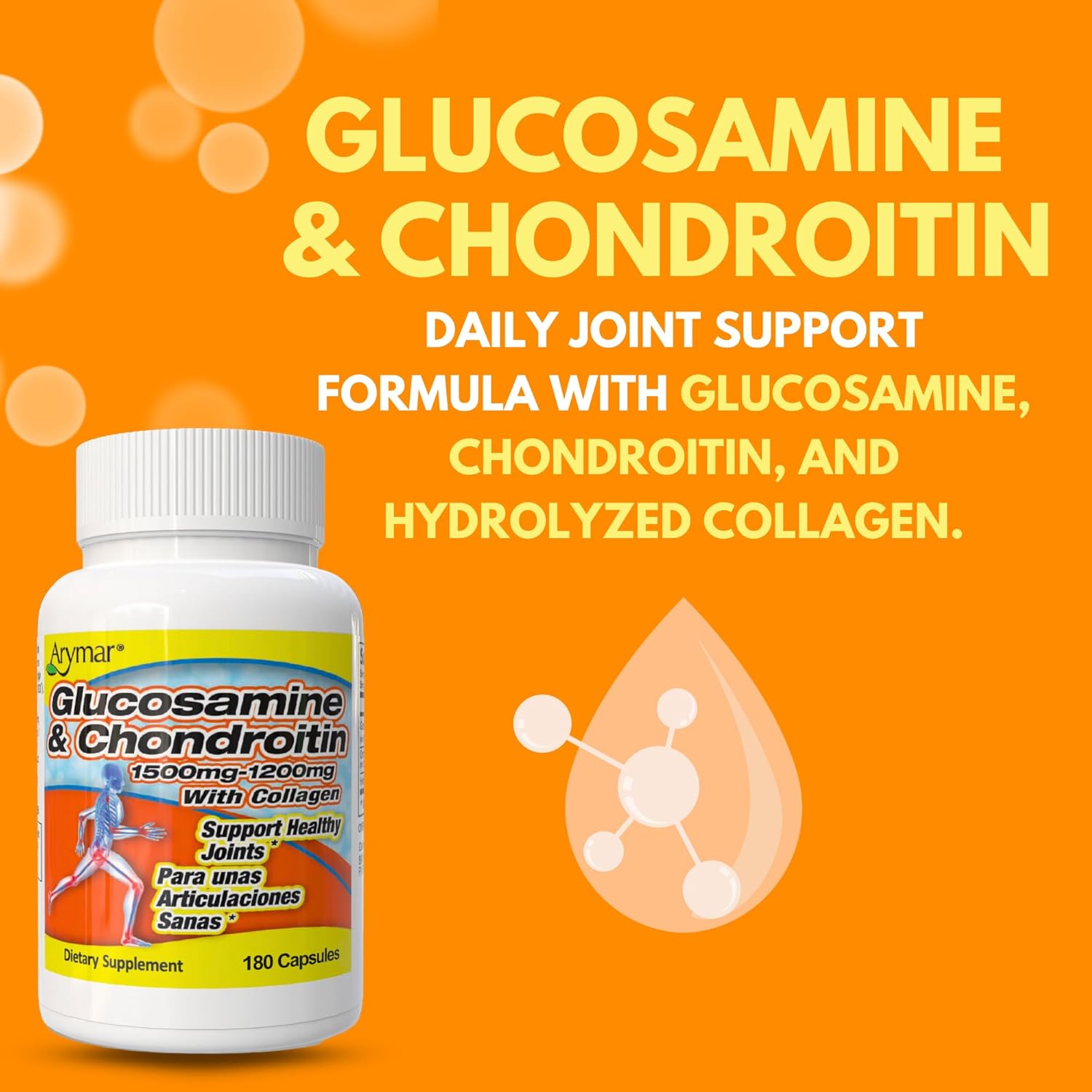 Arymar Glucosamine 1500 mg and Chondroitin 1200 mg with Collagen – Joint Health Supplement – 90 Capsules (2, 180 Capsules)