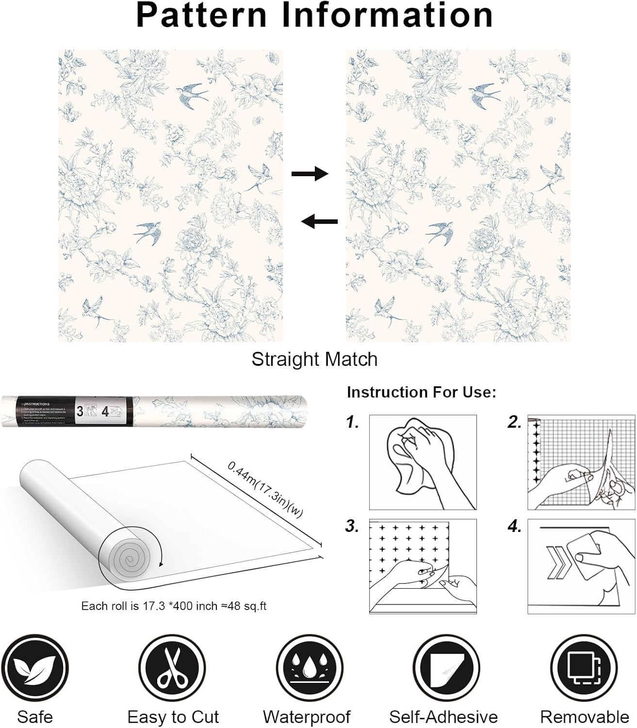 Peel and Stick Wallpaper 17.3"x400" White and Blue Birds Floral Wallpaper Vintage Wall Paper Removable Boho Self Adhesive Contact Paper for Bedroom Bathroom Vinyl