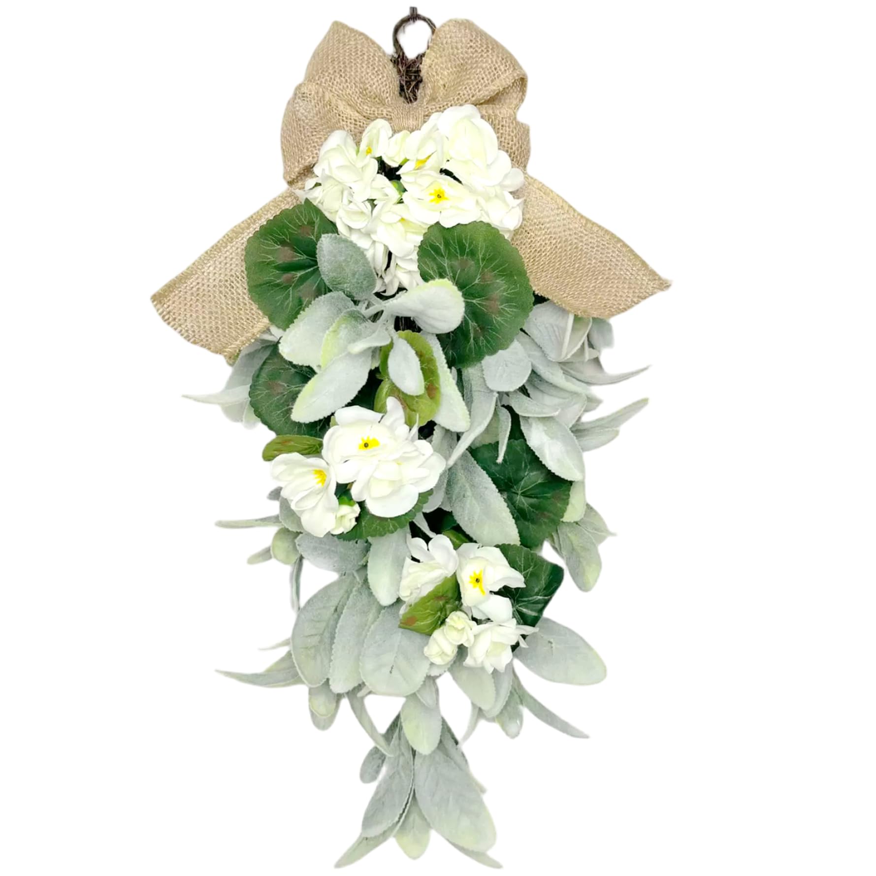 Whyzsjnclg Teardrop Wreath, 18.9 Inch Artificial Teardrop Swag with Burlap Bow - Farmhouse Decor for All Seasons, Green and White Faux Wreath for Front Door, Wall, or Wedding for Daily Use
