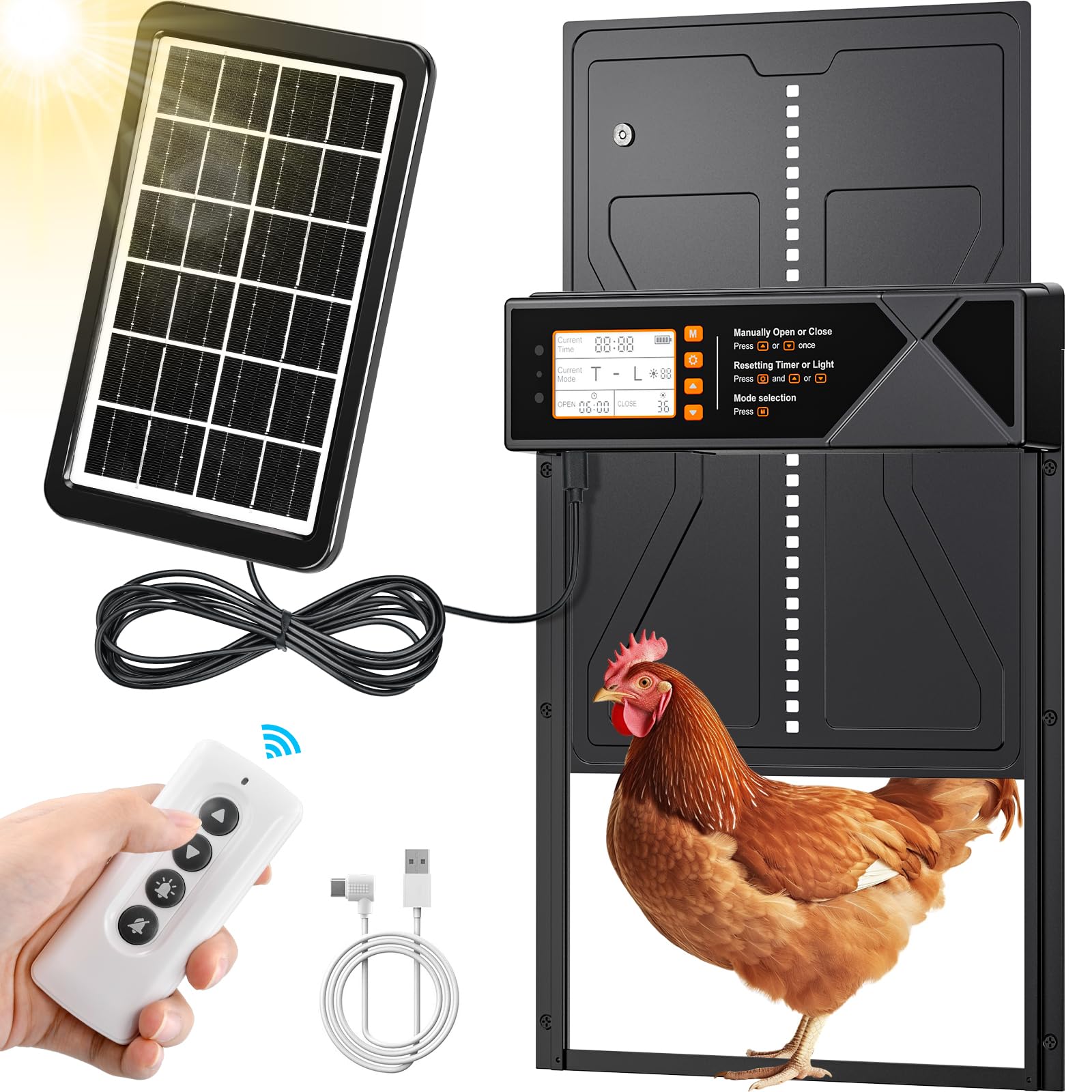Puerta Gallinero Automático Solar con Mando a Distancia, Sensor de Luz y Temporizador, Anti-atrapamiento